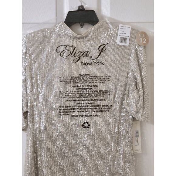 ✨ ELIZA J Silver Sequin Sheath Flutter Sleeve Mock Neck Dress SIZE 12 $168 NWT - Picture 14 of 16